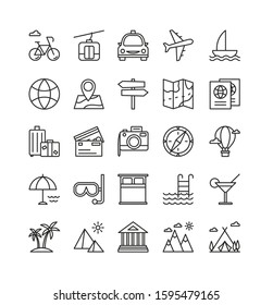 Traveling and recreation linear vector icons set. Summer holiday vacation thin line illustrations pack. Camping, hiking outline isolated symbols. Map, car, airplane design elements collection.