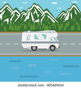 Traveling in a recreational vehicle on a mountain road. Road trip in motorhome. Family traveler truck summer trip concept. RV travel landscape vector poster. Camper on road trip. Vector illustration.