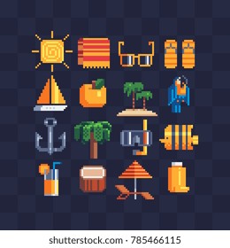 Traveling and relaxation icons. Stickers design. Summertime holiday. Tropical adventure. 80s pixel art retro style. Isolated  vector illustration.