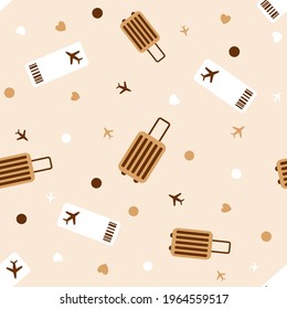 Traveling repeating background seamless pattern with luggage airplanes and tickets vector in flat style. Repeated texture. Tiled. Wrapping gift paper. Backdrop. Textile print. Airport concept. Tourism