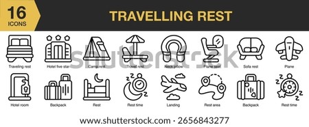 Traveling Rest icon set. Includes travel, tourism, rest, vacation, holiday, and More. Outline icons vector collection.