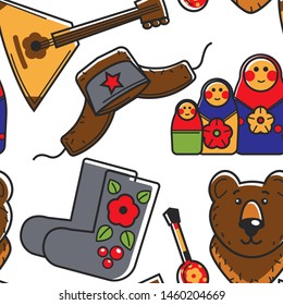 Traveling Russian country symbols stereotypes seamless pattern vector balalaika and hat with ear flaps nesting doll or matrioshka bear and felt boots, wooden spoon with ornament endless texture