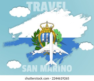 Traveling to San Marino, top view passenger plane on San Marino flag with clouds and weather, country tourism banner idea, vector design, brush splash