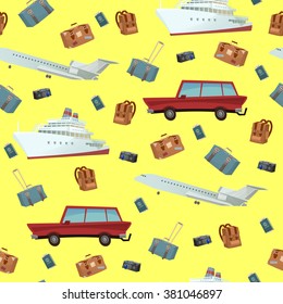 Traveling Seamless Pattern with Car, Ship and Airplane. Vector illustration