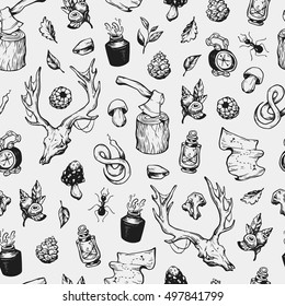 Traveling seamless pattern. Forest seamless pattern. Leaves, mushrooms, berries, snake, deer skull, axe, compass, map, insects.