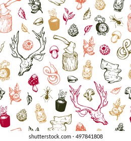 Traveling seamless pattern. Forest seamless pattern. Leaves, mushrooms, berries, snake, deer skull, axe, compass, map, insects.