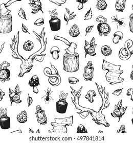 Traveling seamless pattern. Forest seamless pattern. Leaves, mushrooms, berries, snake, deer skull, axe, compass, map, insects.