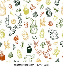 Traveling seamless pattern. Forest seamless pattern. Leaves, mushrooms, berries, snake, deer skull, axe, compass, map, insects.