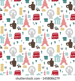 Traveling seamless pattern on the theme of travel with the Eiffel tower, houses, Ferris wheel, cars. Hand drawn vector illustration in paper cut style for poster, card, wrapping paper, packaging 