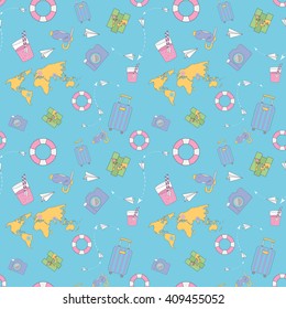 Traveling seamless pattern. Vacation attributes flat icons. Bright colors