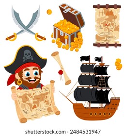 Traveling, searching for treasure.Pirate with a map in search of treasure in a flat style on a white background. Set of illustrations of cards, ship, chest of gold.