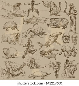 Traveling series: AUSTRALIA and Oceania  - collection of an hand drawn illustrations. Description: each drawing comprise of two or three layer of outlines, colored background is isolated.