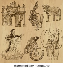 Traveling series: AUSTRIA (set no.3) - Collection of hand drawn illustrations (originals, no tracing). Description: Each drawing comprises two layers of outlines, the colored background is isolated.