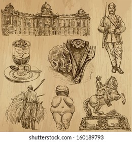 Traveling series: AUSTRIA (set no.4) - Collection of hand drawn illustrations (originals, no tracing). Description: Each drawing comprises two layers of outlines, the colored background is isolated.