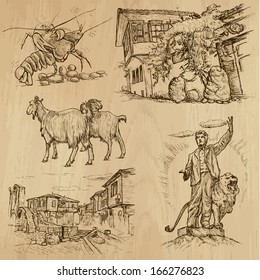 Traveling series: BULGARIA (set no.2) - Collection of hand drawn illustrations (originals, no tracing). Description: Each drawing comprises two layers of outlines, the colored background is isolated.