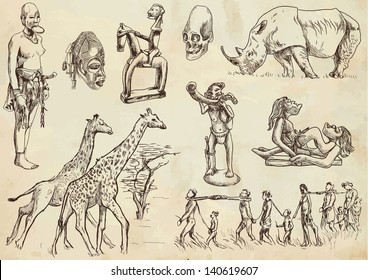 Traveling series: Central AFRICA - collection of an hand drawn illustrations. Description: each drawing comprise an average of three layer of outlines, colored background is isolated.