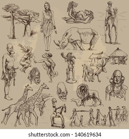 Traveling series: Central AFRICA - collection of an hand drawn illustrations. Description: each drawing comprise an average of three layer of outlines, colored background is isolated.