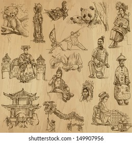 Traveling series: CHINA - Collection of an hand drawn, original illustrations (no tracing !!!). Description: Each drawing comprise of two layers of outlines, colored background is isolated.