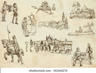 Traveling series: CZECHOSLOVAKIA - collection of an hand drawn illustrations. Description: each drawing comprise of two or three layer of outlines, colored background is isolated.