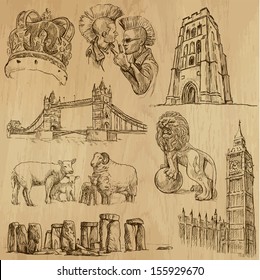 Traveling series: ENGLAND (set no.2)  - Collection of hand drawn illustrations (originals, no tracing). Description: Each drawing comprises two layers of outlines, the colored background is isolated.