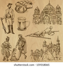 Traveling series: GERMANY (set no.3) - Collection of hand drawn illustrations (originals, no tracing). Description: Each drawing comprises two layers of outlines, the colored background is isolated.