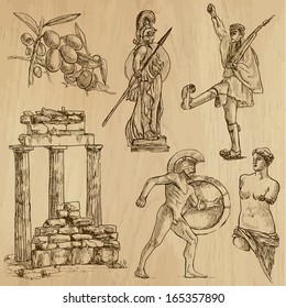 Traveling series: GREECE (set no.3) - Collection of hand drawn illustrations (originals, no tracing). Description: Each drawing comprises two layers of outlines, the colored background is isolated.