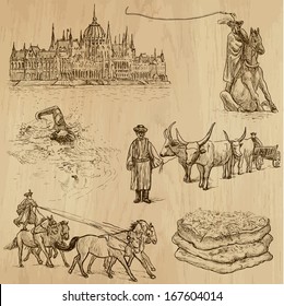 Traveling series: HUNGARY (set no.2) - Collection of hand drawn illustrations (originals, no tracing). Description: Each drawing comprises two layers of outlines, the colored background is isolated.