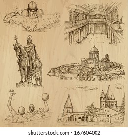 Traveling series: HUNGARY (set no.3) - Collection of hand drawn illustrations (originals, no tracing). Description: Each drawing comprises two layers of outlines, the colored background is isolated.