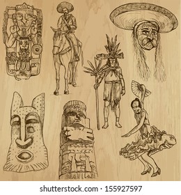 Traveling series: MEXICO (set no.1)  - Collection of hand drawn illustrations (originals, no tracing). Description: Each drawing comprises two layers of outlines, the colored background is isolated.