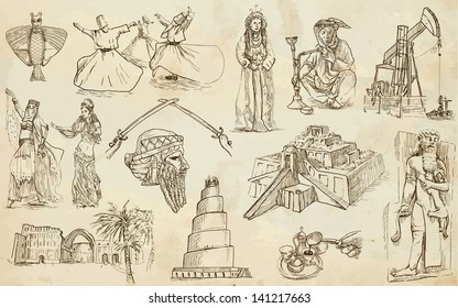 Traveling series: MIDDLE EAST (part 2)  - collection of an hand drawn illustrations. Description: each drawing comprise of two or three layer of outlines, colored background is isolated.