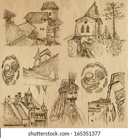 Traveling series: ROMANIA (set no.1) - Collection of hand drawn illustrations (originals, no tracing). Description: Each drawing comprises two layers of outlines, the colored background is isolated.