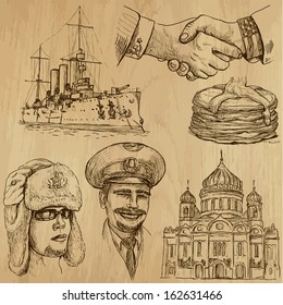 Traveling series: RUSSIA (set no.2) - Collection of hand drawn illustrations (originals, no tracing). Description: Each drawing comprises two layers of outlines, the colored background is isolated.