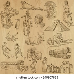 Traveling series: SOUTH AMERICA 2 - Collection of an hand drawn, original illustrations (no tracing !!!). Description: Each drawing comprise of two layers of outlines, colored background is isolated.