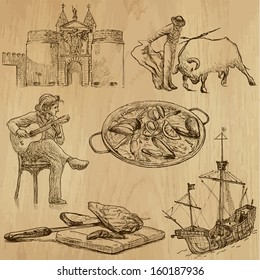 Traveling series: SPAIN (set no.1) - Collection of hand drawn illustrations (originals, no tracing). Description: Each drawing comprises two layers of outlines, the colored background is isolated.