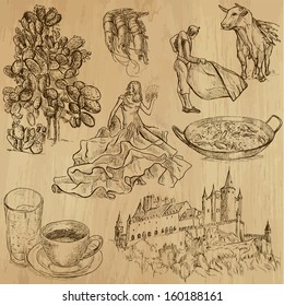 Traveling series: SPAIN (set no.3) - Collection of hand drawn illustrations (originals, no tracing). Description: Each drawing comprises two layers of outlines, the colored background is isolated.