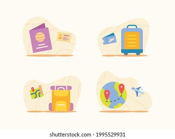 traveling set collection package white isolated background with modern flat cartoon style