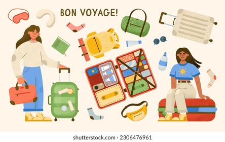 Traveling set. Happy woman with a suitcase backpack and bag packed for a vacation flight. Bon voyage idea. Flat vector illustration