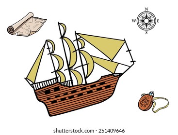 Traveling. Ship, compass, flask and map. Vector