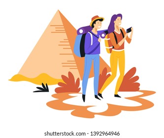Traveling and sightseeing tourism couple with backpacks and Egyptian pyramids vector. travel to Egypt hiking tour boyfriend in hat and girlfriend with smartphone walking summer vacation or holidays.