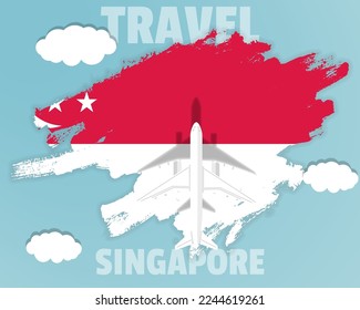 Traveling to Singapore, top view passenger plane on Singapore flag with clouds and weather, country tourism banner idea, vector design, brush splash