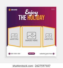Traveling social media post banner template design, Tour travel holiday tourism marketing social media post.