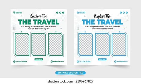 Viajando por publicaciones en medios sociales o plantillas de banner web vectoriales con colores azul y verde. Diseño de plantillas de anuncios de agencias de negocios de Touring. Volante de agencia de planificación de vacaciones en familia con formas abstractas.