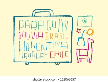 Traveling to South America. A variety of hand-drawn doodled text and illustrations. EPS vector file. Hi res JPEG included.