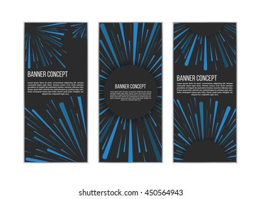 Traveling In Space Banner Set. Banner Concept. Warp Stars. Explosion. Ray Galaxy. Abstract Background. Vector Illustration.