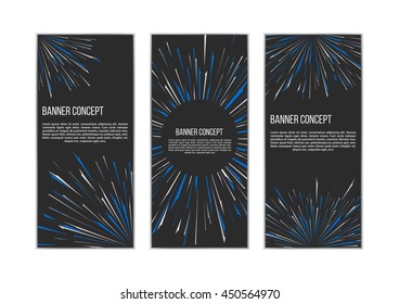 Traveling In Space Banner Set. Banner Concept. Warp Stars. Explosion. Ray Galaxy. Abstract Background. Vector Illustration.