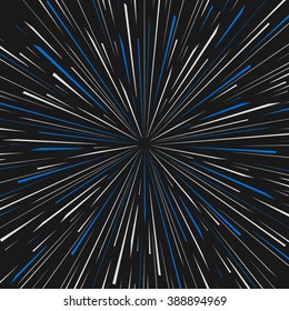 Traveling In Space Concept. Warp Stars. Explosion. Ray Galaxy. Abstract Background. Vector Illustration.
