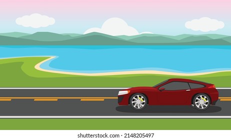 Traveling sport cars red color. Driving on an asphalt road. With environment of sand beach and far away island. Under evening sky and white clouds.