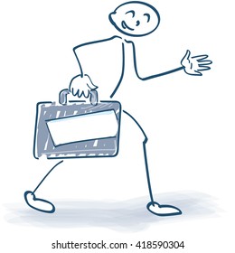 Traveling stick figure with a big suitcase