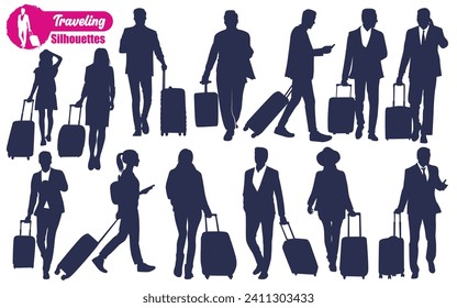 Traveling with Suitcase Silhouettes Vector illustration