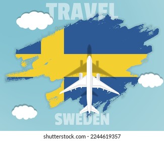 Traveling to Sweden, top view passenger plane on Sweden flag with clouds and weather, country tourism banner idea, vector design, brush splash